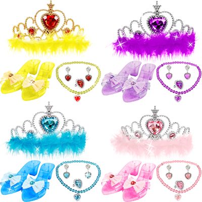 Swakuta 20 Pcs Princess Dress Up Set Includ 4 Pairs Heels Shoes 4 Crown and 12 Play Jewelry Toys Necklace Ring Earrings for Little Girls Princess Role Play Toddler Pretend Birthday Gifts