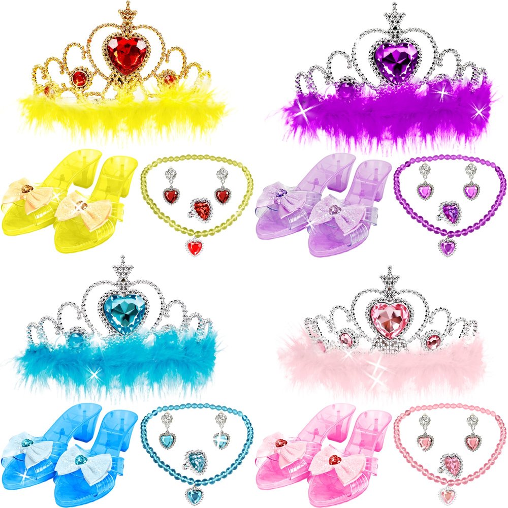 Swakuta 20 Pcs Princess Dress Up Set Includ 4 Pairs Heels Shoes 4 Crown and 12 Play Jewelry Toys Necklace Ring Earrings for Little Girls Princess Role Play Toddler Pretend Birthday Gifts