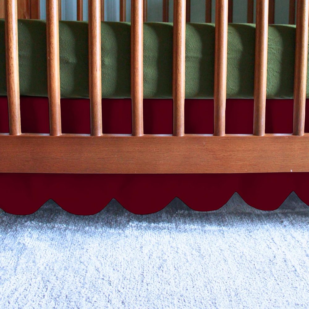 100% Microfiber Scalloped Crib Skirt 28"x 52" with 14" Inch Drop Lenght with 4 Split Corners for Baby Boys Girls Soft Nursery Toddler Bed Skirt - Burgundy Solid