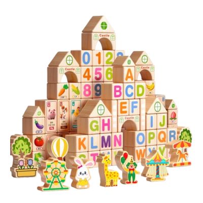 100x Wooden Building Blocks Early Education Toy Visual Perception DIY Letter Number Shape Gifts for Kids, Bag Packaging