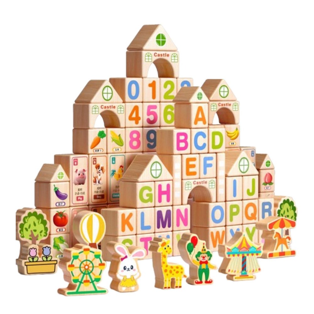 100x Wooden Building Blocks Early Education Toy Visual Perception DIY Letter Number Shape Gifts for Kids, Bag Packaging
