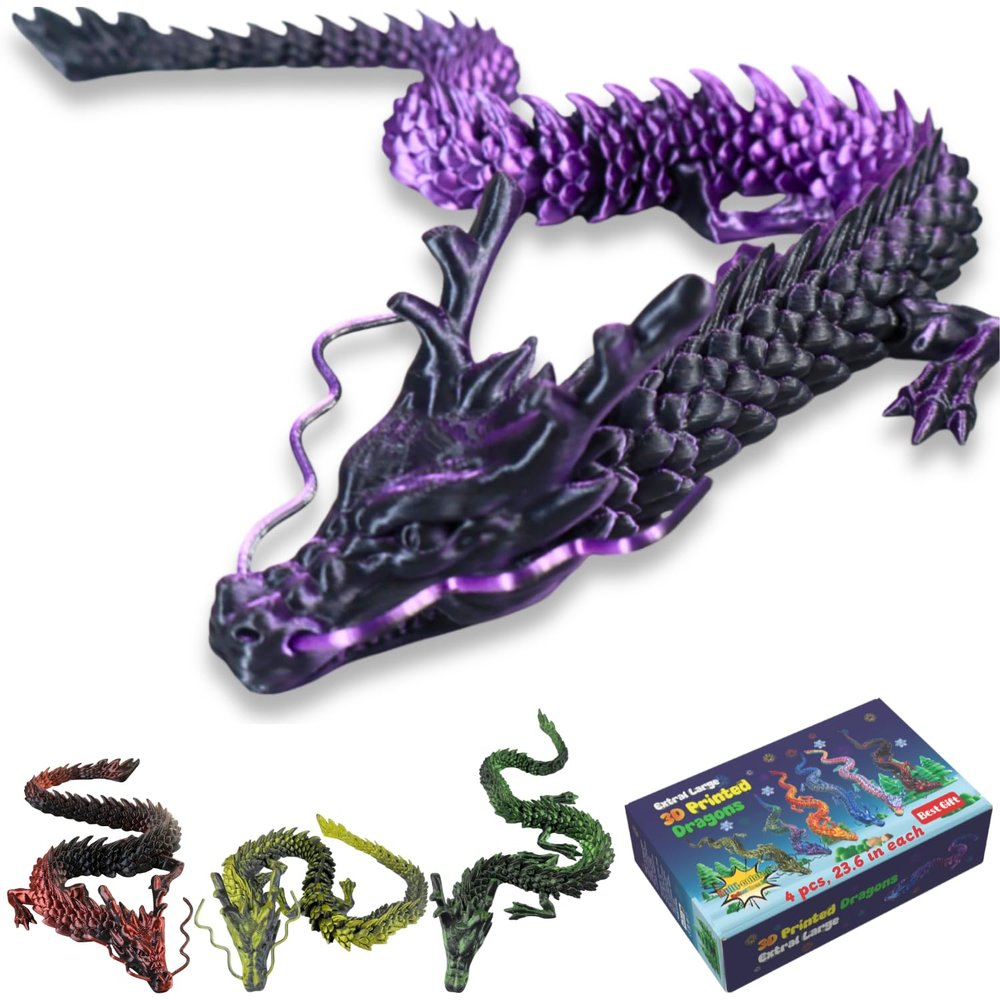 4 Pack 24" Large 3D Printed Dragons - Articulated Dragon Fidget Toys for Stress Relief, Family Fun & Party Favor, Collectible Desk Decor, Unique Birthday for Kids, Teens & Collectors