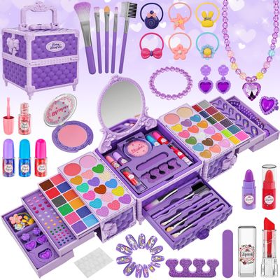 99 Pcs Kids Makeup Kit for Girls, Princess Toys Real Washable Cosmetics Set with Mirror, Hair Ties, Nails, Rings, Earrings, Necklace, Perfect for 3 4 5 6 7 8 Year Old Girls Birthday