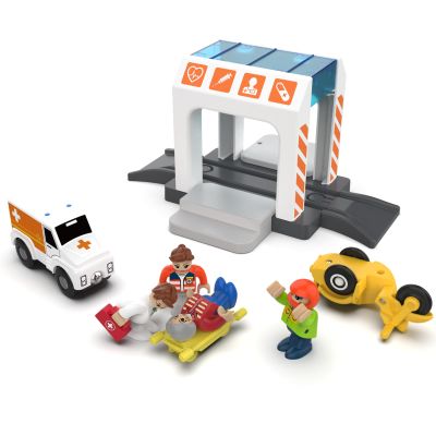 Wooden Train Set Rescue & Hospital Expansion Pack  Ambulance, Doctors, Medical Tent, and Figures  Compatible with Brio Thomas Tracks  Emergency Role Play Toy for Kids Ages 3+