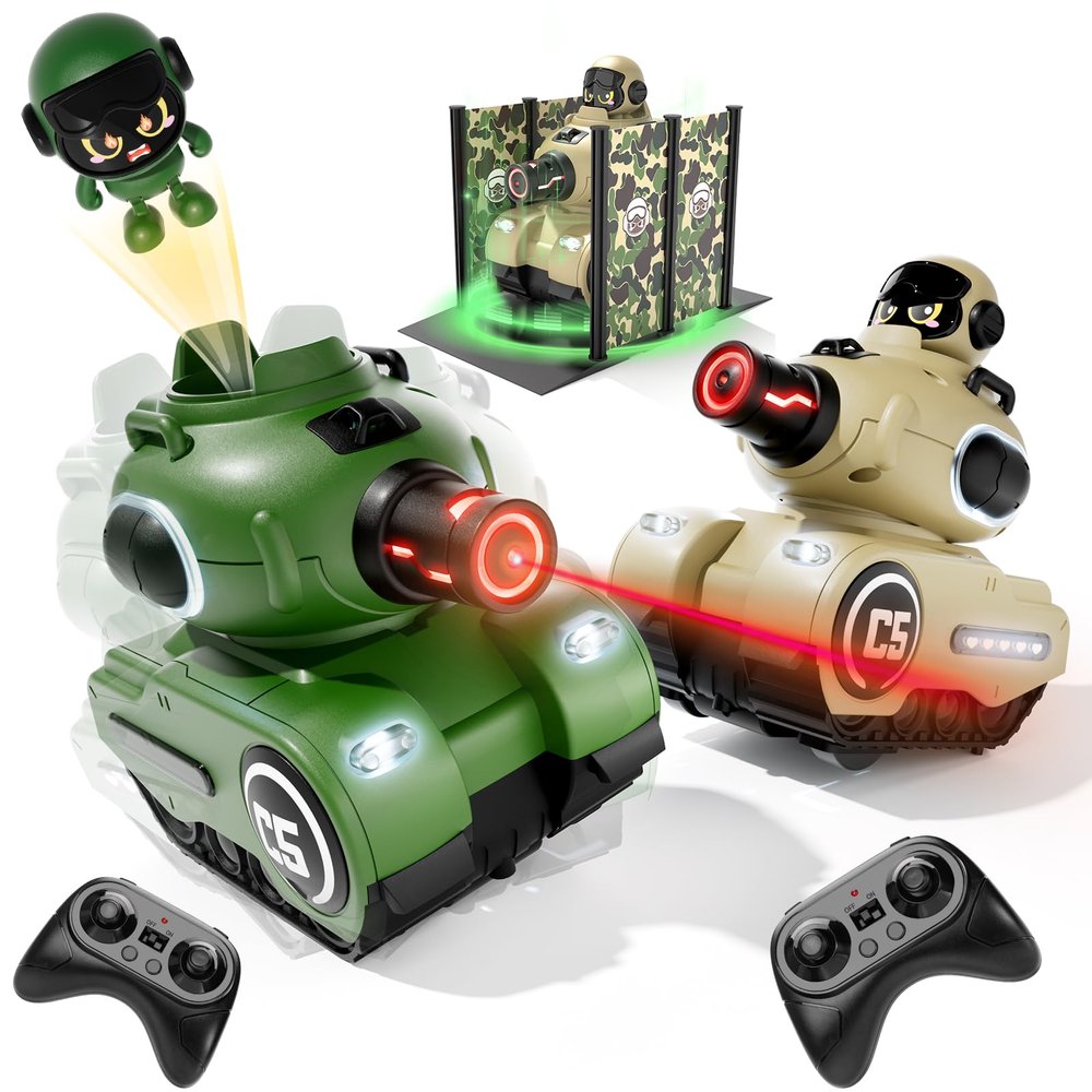 bessome 2 Pack Cute Cartoon Remote Control Battle Tanks with Laser tag|Hobby RC Cars Shoot to Ejected Out|Military Army Toys for 6 7 8 Year Old Boys Girls | Christmas Birthday Gifts for 8-12