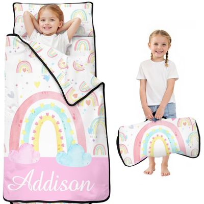 Personalized Toddler Nap Mat with Name for Kids Custom Rainbow Sleeping Bag with Pillow & Blanket for Girls Ideal Slumber Bags for Daycare, Preschool & Kindergarten