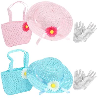 2-Set Kids' Tea Party Hats, Gloves, And Handbags, Elegant & Blue Straw Bonnets, Floral Accessories For Tea Parties & Birthdays