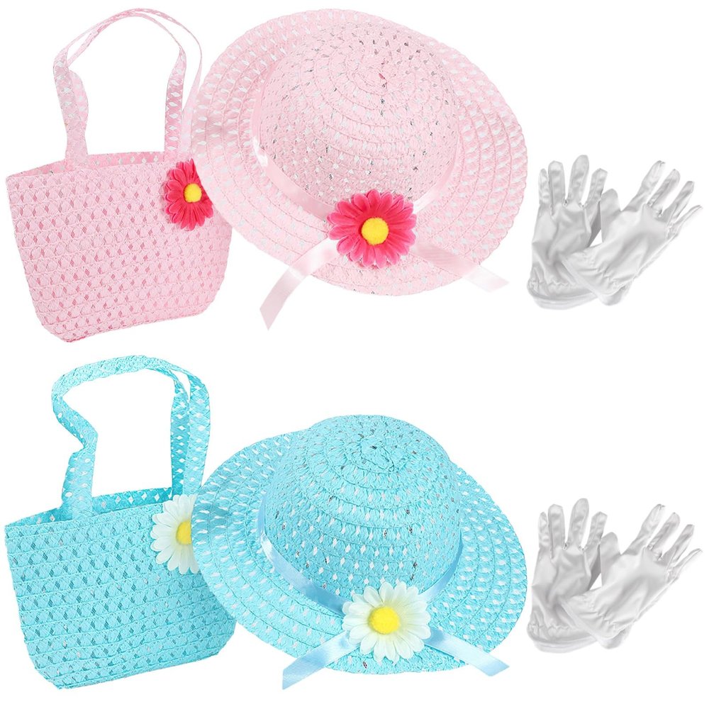 2-Set Kids' Tea Party Hats, Gloves, And Handbags, Elegant & Blue Straw Bonnets, Floral Accessories For Tea Parties & Birthdays
