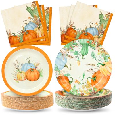 150 Thanksgiving Disposable Paper Plates Napkins Dinnerware Set 7" Dessert Plates, 10" Dinner Plates with 13" Pumpkin Napkins for Autumn Harvest, Fall Party