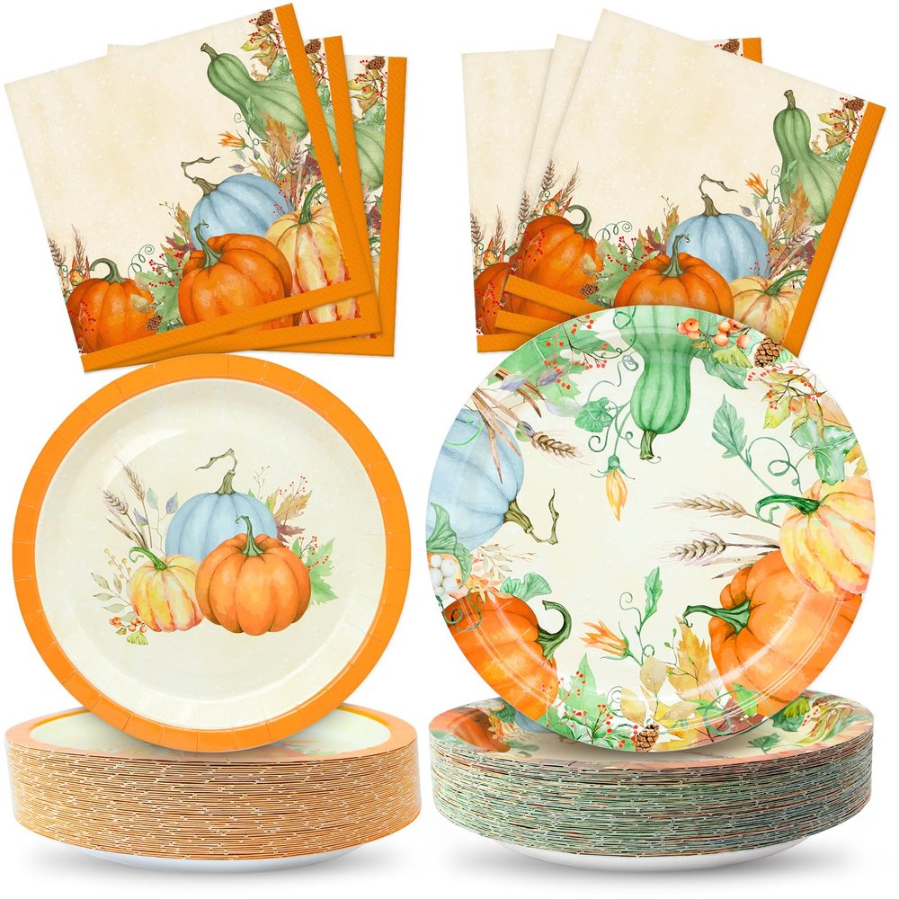 150 Thanksgiving Disposable Paper Plates Napkins Dinnerware Set 7" Dessert Plates, 10" Dinner Plates with 13" Pumpkin Napkins for Autumn Harvest, Fall Party