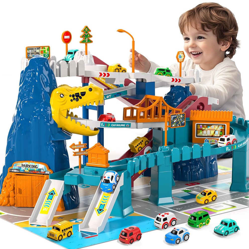 MSKOLER Dinosaur Race Car Tracks for Toddlers 2-4 Years, Dinosaur Climbing Hills Railcar, Toy Car Track Play Set with 7 Small Race Cars, Preschool Birthday Gifts for 3 4 5 6 7 8 Year Old Boys Girls