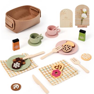 Wooden Tea Party Set for Toddlers, 29 PCS Silicone & Wooden Kids Tea Set with Felt Storage Basket, Neutral Scandinavian Style Cups Plates & Pretend Desserts, Gift for Ages 3-6