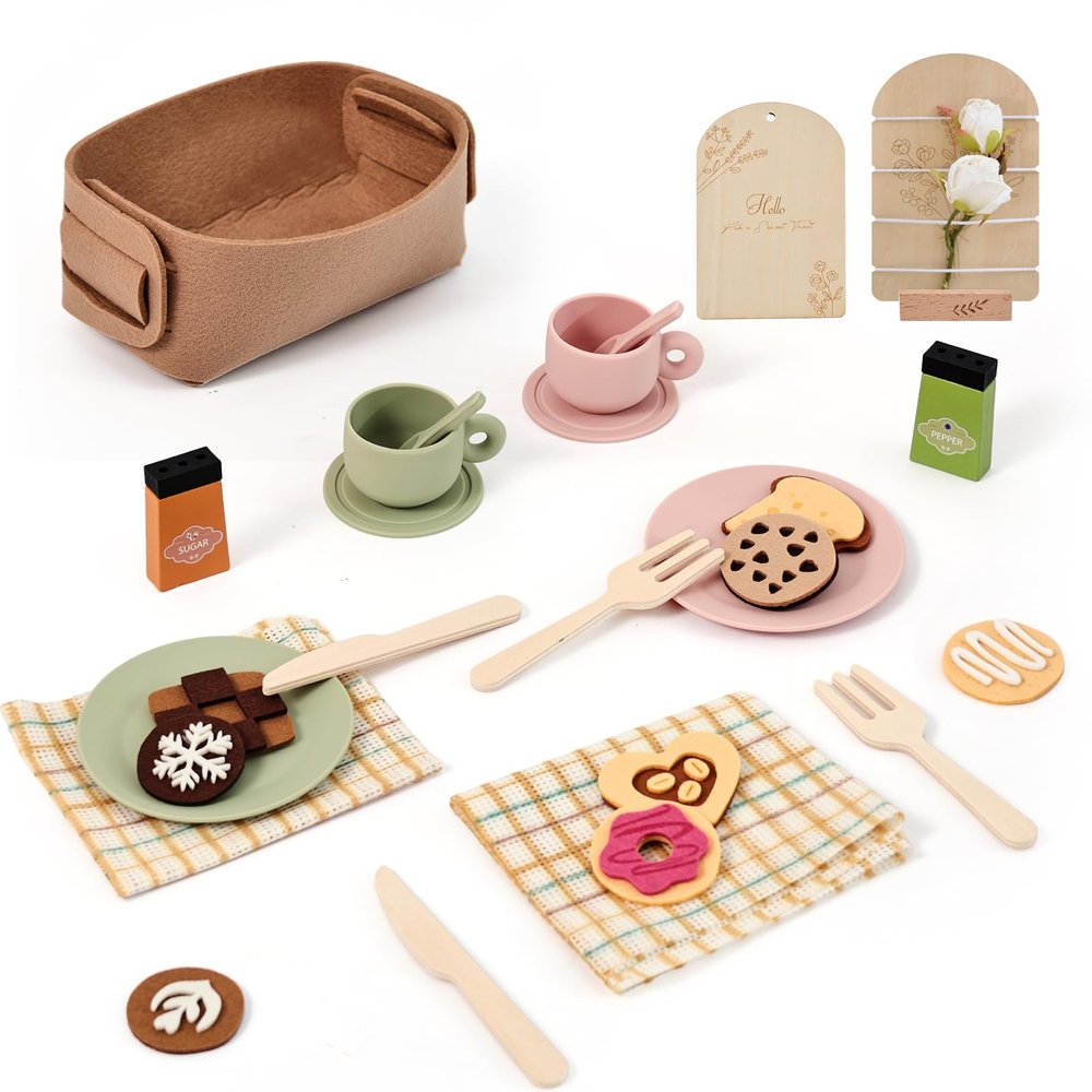 Wooden Tea Party Set for Toddlers, 29 PCS Silicone & Wooden Kids Tea Set with Felt Storage Basket, Neutral Scandinavian Style Cups Plates & Pretend Desserts, Gift for Ages 3-6