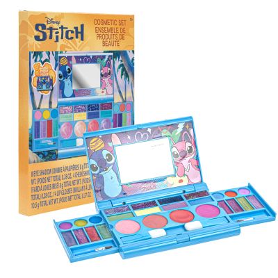 Stitch All-in-One Kids Cosmetic Compact Set Includes Washable Lip Gloss, Eye Shimmer, Cheek Shimmer, Brushes Colorful Portable Beauty Set for Girls, Tweens, Ages 3+ by Townley Girl