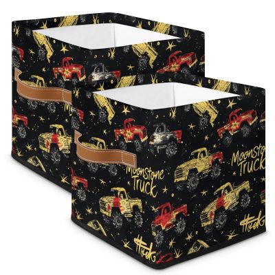 JMAVZWS Car Trucks 11 Inch Cube Storage Bins Collapsible Fabric Storage Cubes Organizer with Leather Handles Decorative Closet Storage Basket 2 Pack
