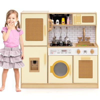 Costzon Kids Kitchen Playset, Wooden Toddler Montessori Pretend Play Toy w/Rattan Door, Light & Sound, Water Dispenser, Washing Machine, Range Hood, Cookware, Play Kitchen for Kids 3+, Gift (Yellow)