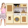 Costzon Kids Kitchen Playset, Wooden Toddler Montessori Pretend Play Toy w/Rattan Door, Light & Sound, Water Dispenser, Washing Machine, Range Hood, Cookware, Play Kitchen for Kids 3+, Gift (Yellow) view 1