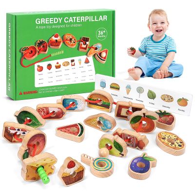 Arnbz 2025 New Upgrade Wooden Greedy Caterpillar Rope Toy, 2.5in Fruit & Vegetable Caterpillar Lacing Bead String Game, Montessori Fine Motor Skills Farm Toys for 3+ Year Old