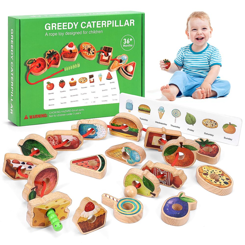 Arnbz 2025 New Upgrade Wooden Greedy Caterpillar Rope Toy, 2.5in Fruit & Vegetable Caterpillar Lacing Bead String Game, Montessori Fine Motor Skills Farm Toys for 3+ Year Old