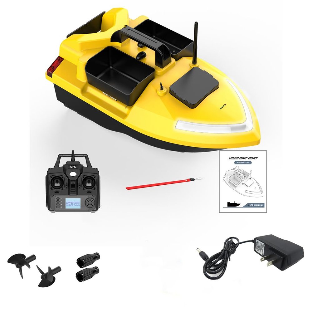 URFunModel V020 RC Bait Boat for Fishing, 500M 3 Compartments High-Speed Remote Control Bait Boat with 40 GPS Points/Luminous Effect, Outdoor Toy Gift for Adults, US Plug