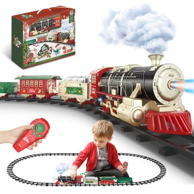 JQ JUQU Remote Control Train Set for Kids Ages 3-8 with Steam, Lights and Sounds, Electric Toy Train with 4 Cars and Tracks for Indoor Play and Holiday Decor
