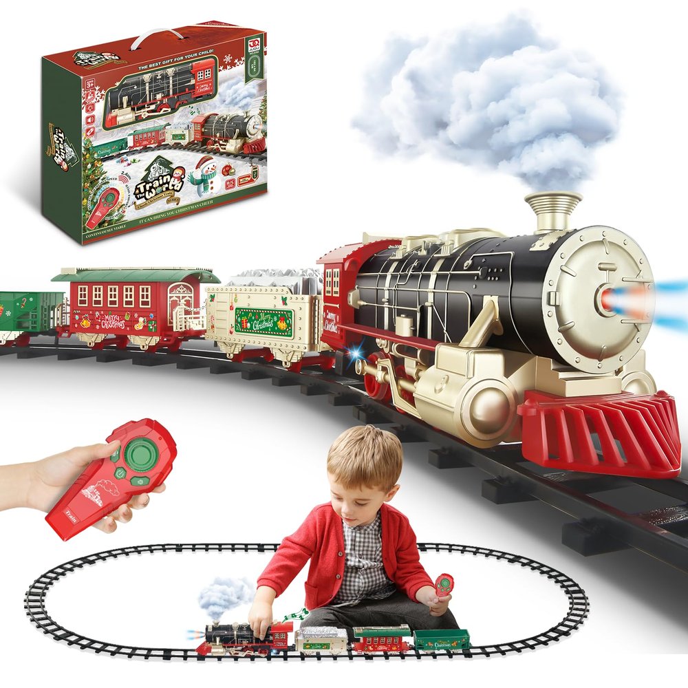 JQ JUQU Remote Control Train Set for Kids Ages 3-8 with Steam, Lights and Sounds, Electric Toy Train with 4 Cars and Tracks for Indoor Play and Holiday Decor