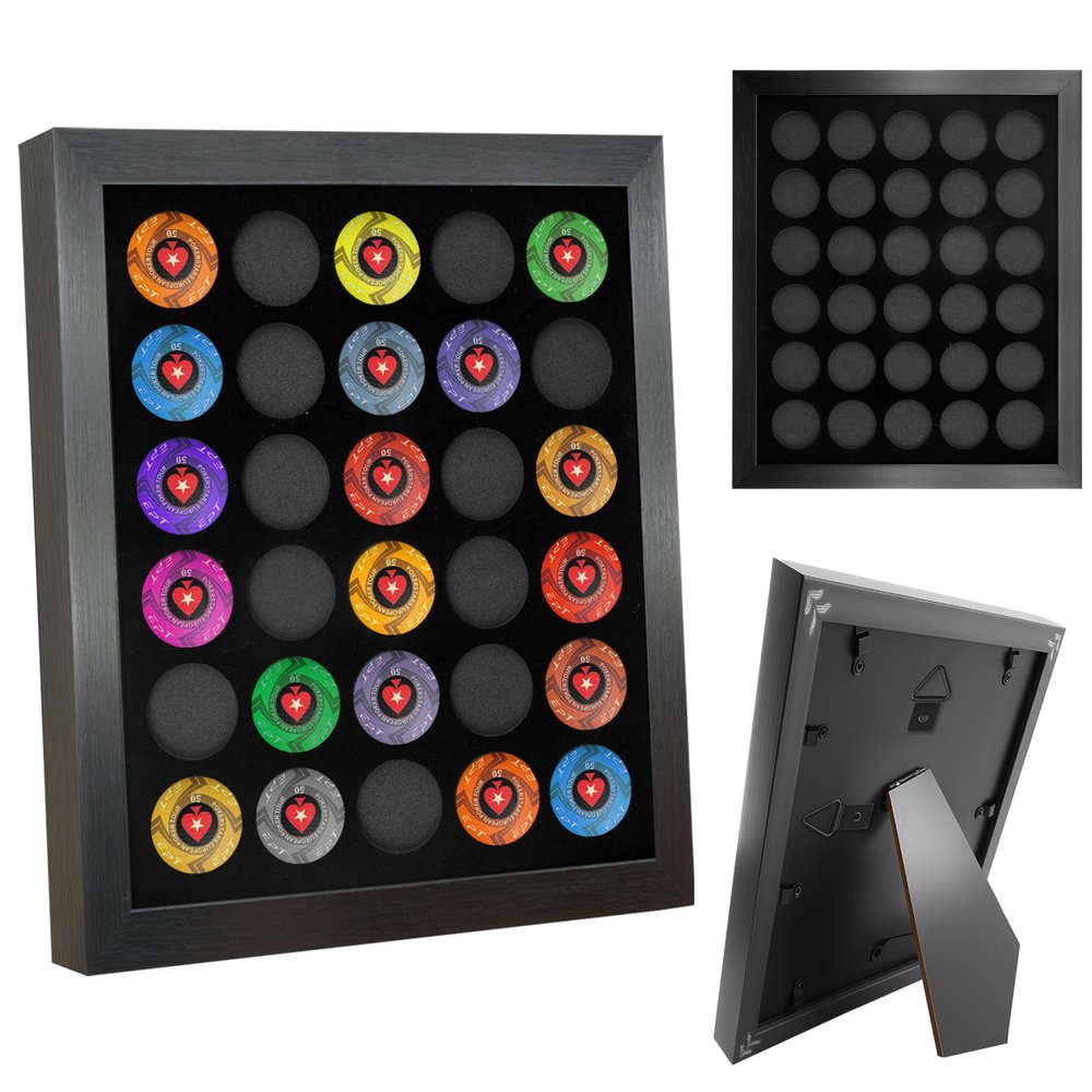 Casino Chip Display Case for 30 Chips, Poker Chips Holder Shadow Box, 11"x13" Wall Mount or Tabletop Display Frame for Collectors Souvenir Gift
