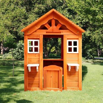 Wooden Playhouse for Kids Ages 3-10 Outdoor, Club House with Flowerpot Holders & Snack Window, Easy Assembly, Country Style
