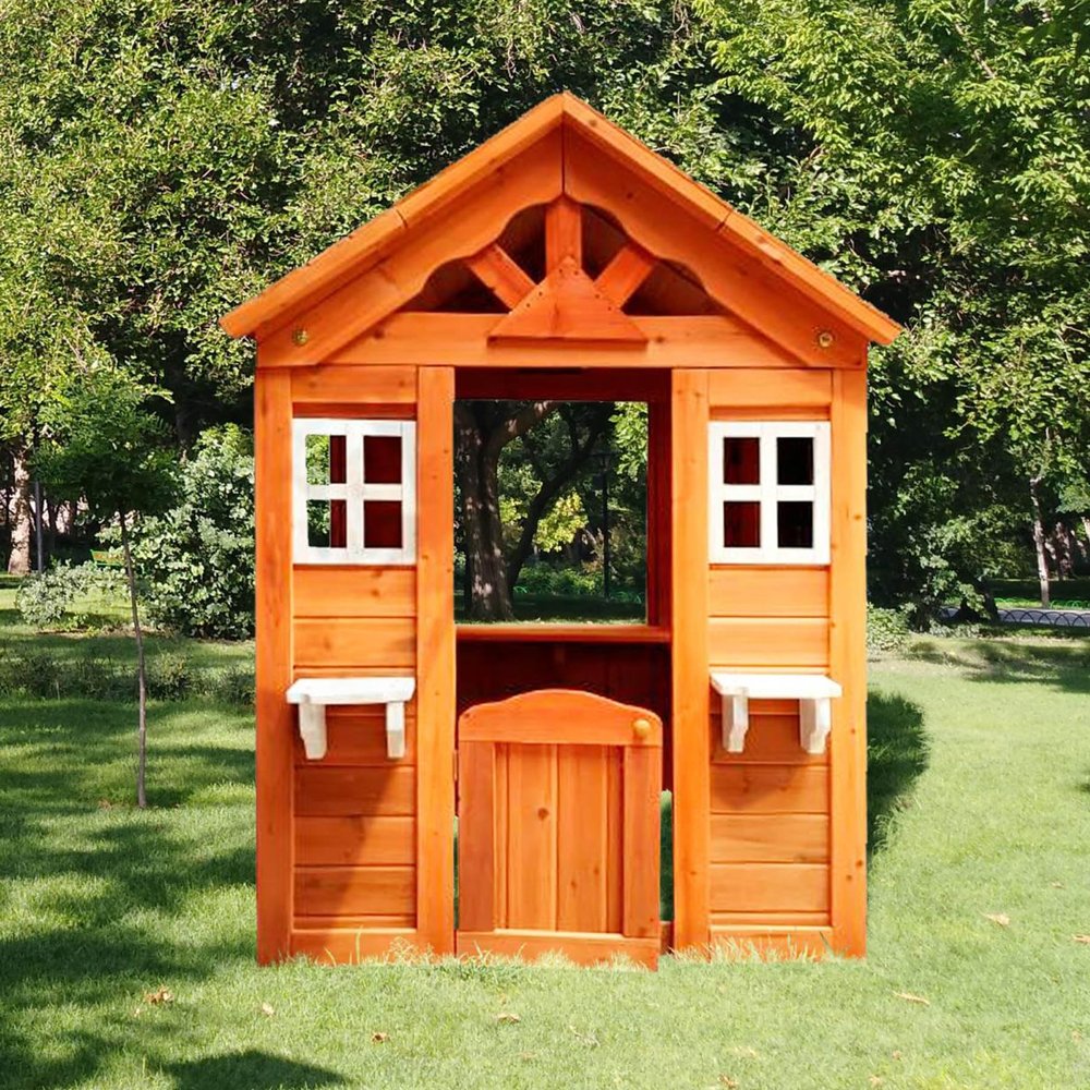 Wooden Playhouse for Kids Ages 3-10 Outdoor, Club House with Flowerpot Holders & Snack Window, Easy Assembly, Country Style