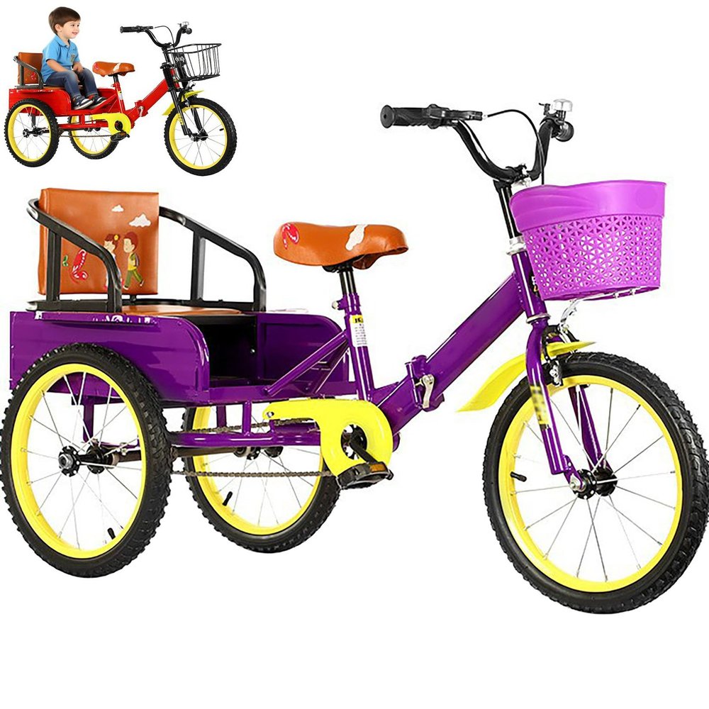 Purple,14in,Foldable Kids Tricycle with Passenger Seat & Cargo Basket-Dual Seat Children's Bike W/Shock Absorption, Anti-Slip Tires & Carbon Steel Frame - Lightweight Toddler Trike for Boys & Girls
