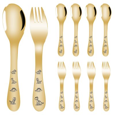 10Pcs Stainless Steel Toddler Utensils Set, Cartoon Dinosaur Kid Silverware Set, Mirror Polished Child Fork and Spoon Kit, Tableware Flatware Kit, Dishwasher Safe for Kids (Gold)