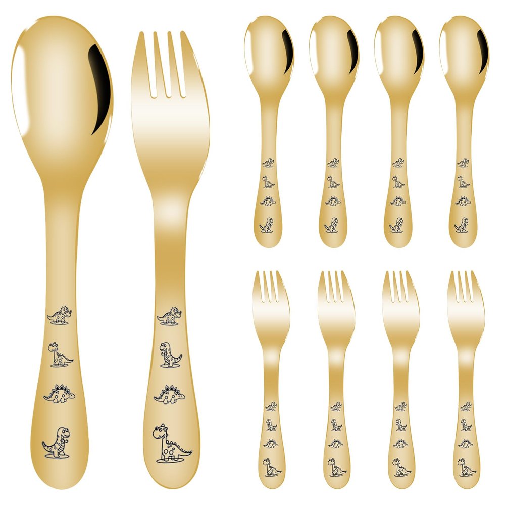 10Pcs Stainless Steel Toddler Utensils Set, Cartoon Dinosaur Kid Silverware Set, Mirror Polished Child Fork and Spoon Kit, Tableware Flatware Kit, Dishwasher Safe for Kids (Gold)