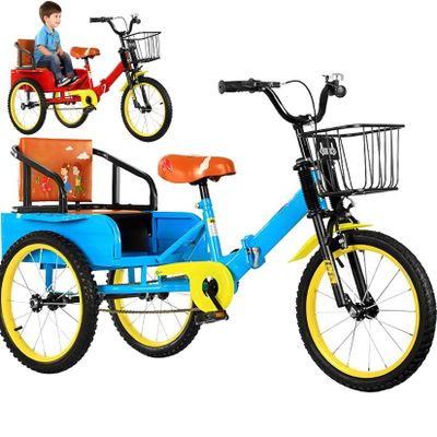 Blue,16in,Foldable Kids Tricycle with Passenger Seat & Cargo Basket-Dual Seat Children's Bike W/Shock Absorption, Anti-Slip Tires & Carbon Steel Frame - Lightweight Toddler Trike for Boys & Girls
