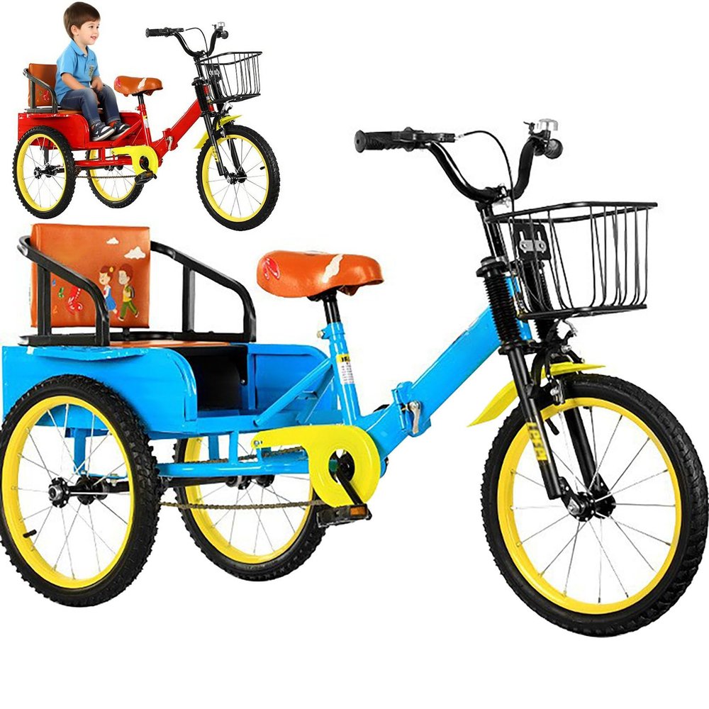 Blue,16in,Foldable Kids Tricycle with Passenger Seat & Cargo Basket-Dual Seat Children's Bike W/Shock Absorption, Anti-Slip Tires & Carbon Steel Frame - Lightweight Toddler Trike for Boys & Girls