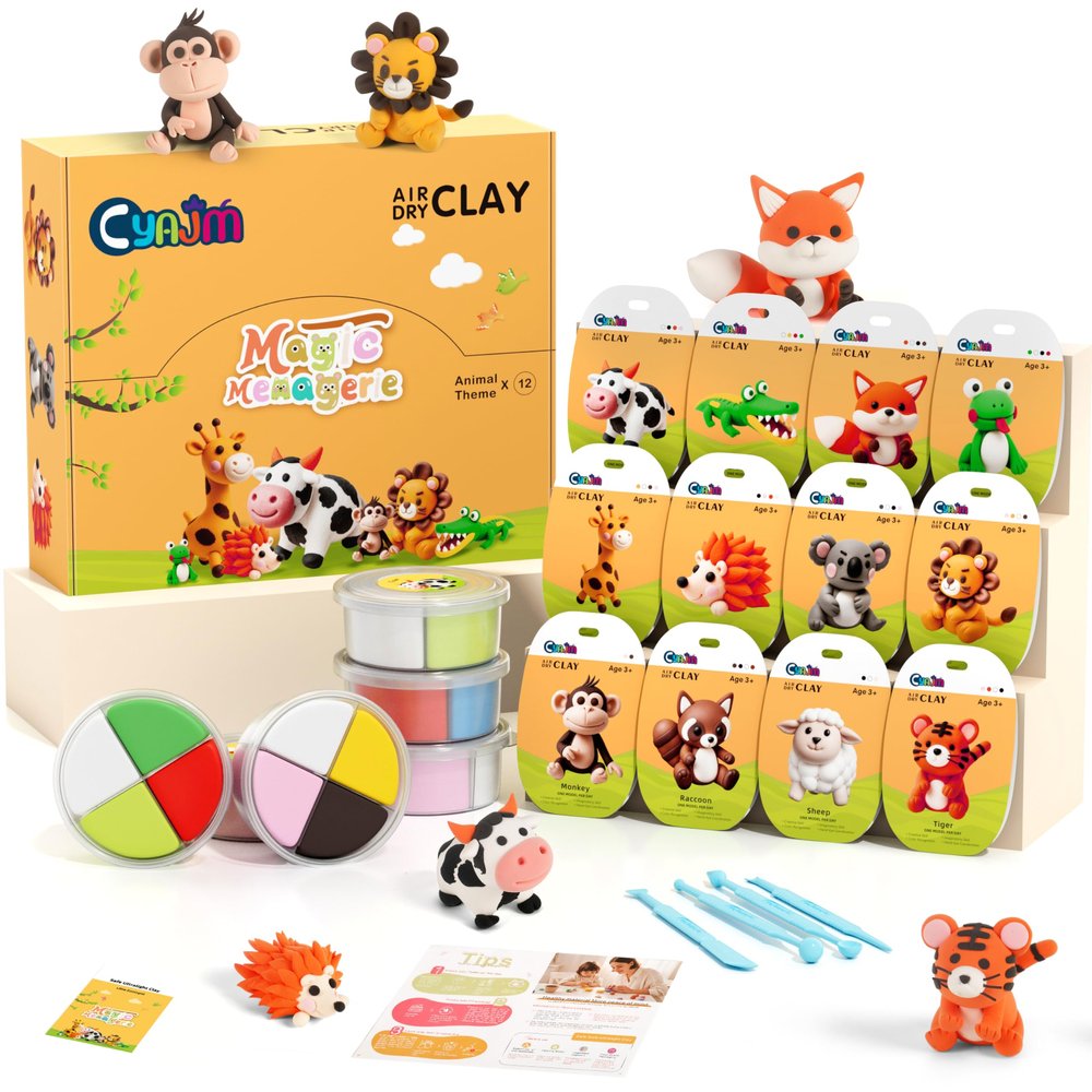 Air Dry Clay Kits -12 Boxes Modeling Magic Clay for Kids,Animal Theme Molding Clay Art Crafts DIY Set,Ultra Light & Soft, with Sculpting Tools & Tutorials,Gifts for Girls & Boys