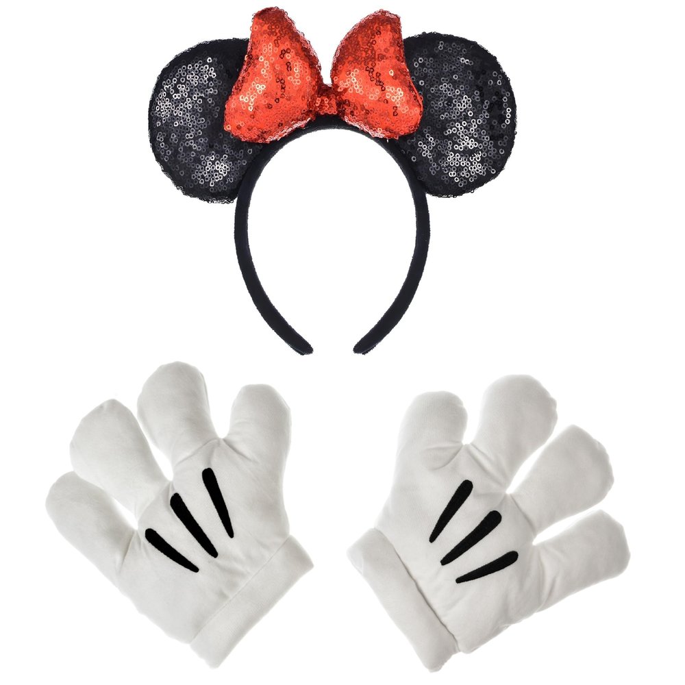 A Miaow Black Mouse Ears Headband 3D Glitter Sequins Bow White Cartoon 4-Finger Mice Hand Glove Set for Cosplay Costume Party (Black and Red Set)