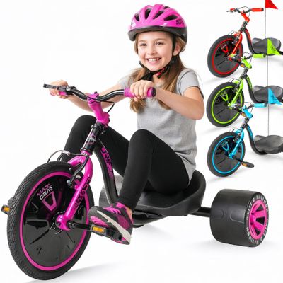 Drift Trike for Kids Ages 5+ 16" Front Wheel Ride-On with Adjustable Seat, Steel Frame, Rear Slick Drift Wheels & Safety Flag Madd Gear (Black/Pink)