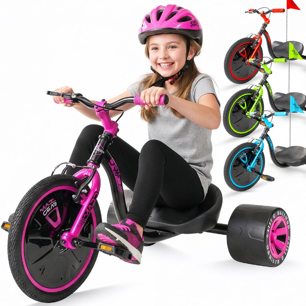 Drift Trike for Kids Ages 5+  16" Front Wheel Ride-On with Adjustable Seat, Steel Frame, Rear Slick Drift Wheels & Safety Flag  Madd Gear (Black/Pink)