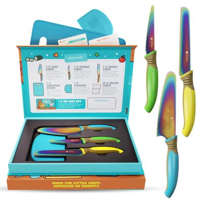 TruChef Kids Knife Set for Real Cooking | Skin Safe Chef Set for Ages 3+ with Rainbow Blades, Cutting Board, Scraper, Recipe Cards | Jr Chef Cooking Gift for Teens & Kids (16 Pcs)
