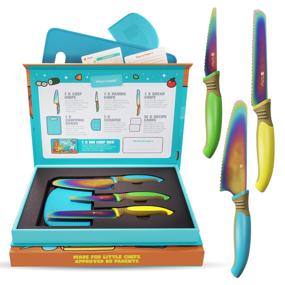 TruChef Kids Knife Set for Real Cooking | Skin Safe Chef Set for Ages 3+ with Rainbow Blades, Cutting Board, Scraper, Recipe Cards | Jr Chef Cooking Gift for Teens & Kids (16 Pcs)