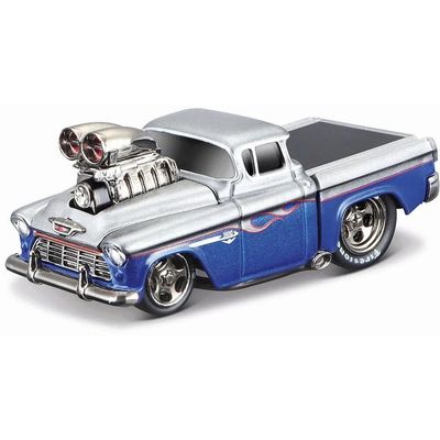 1955 Cameo Pickup Truck Gray and Blue Metallic with Flames 1/64 Diecast Model Car by Muscle M 15526-15553bl