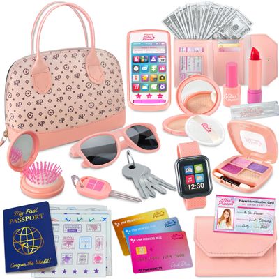 Play Purse for Little Girls - Pretend Play Toy Set for Kids Including Handbag, Makeup, Phone, Wallet, Smartwatch, Passport, Credit Cards, Keys - Birthday Gift Ideas for Girls Age 3 4 5 6 7+