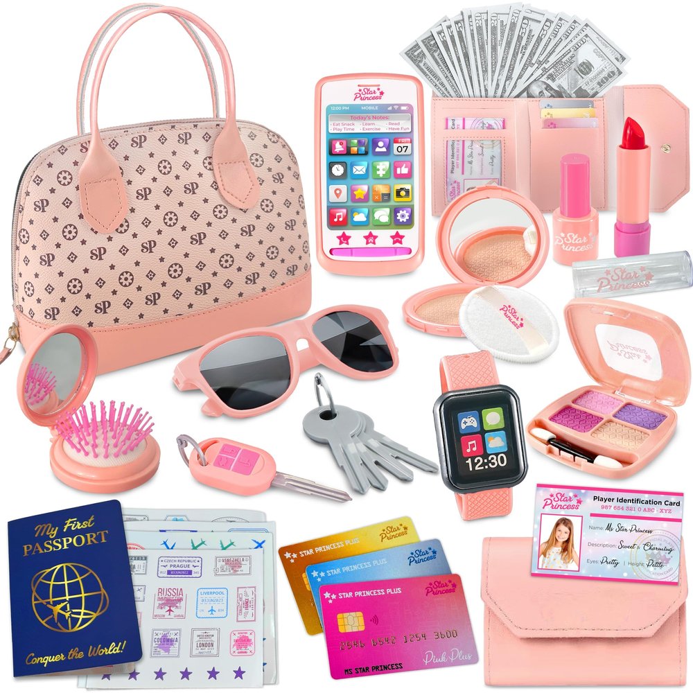 Play Purse for Little Girls - Pretend Play Toy Set for Kids Including Handbag, Makeup, Phone, Wallet, Smartwatch, Passport, Credit Cards, Keys - Birthday Gift Ideas for Girls Age 3 4 5 6 7+