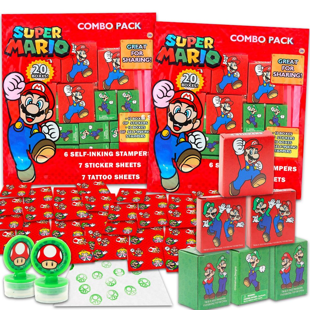 Super Mario Holiday Party Favor Boxes Set - Bundle of 40 Super Mario Bros Stickers, Tattoos, Stampers for Valentines Gift Exchange, Easter Egg Hunt, More