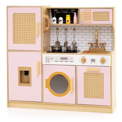 HONEY JOY Play Kitchen, Rattan Design Wooden Toy Kitchen Set for Toddlers, Stove with Lights & Water Dispenser, Range Hood, Cookware, Pretend Play Kids Kitchen Playset, Gift for Boys Girls (Pink)