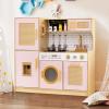 HONEY JOY Play Kitchen, Rattan Design Wooden Toy Kitchen Set for Toddlers, Stove with Lights & Water Dispenser, Range Hood, Cookware, Pretend Play Kids Kitchen Playset, Gift for Boys Girls (Pink) view 2
