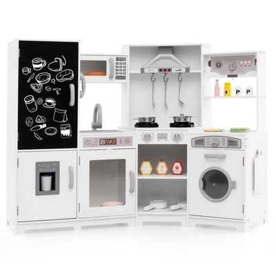 HONEY JOY Corner Play Kitchen, Large Wooden Pretend Toy Kitchen Set w/Lights, Ice & Coffee Maker, Range Hood, Chalkboard, Microwave, Cookware, Little Chef Kids Kitchen Playset for Toddlers (White)