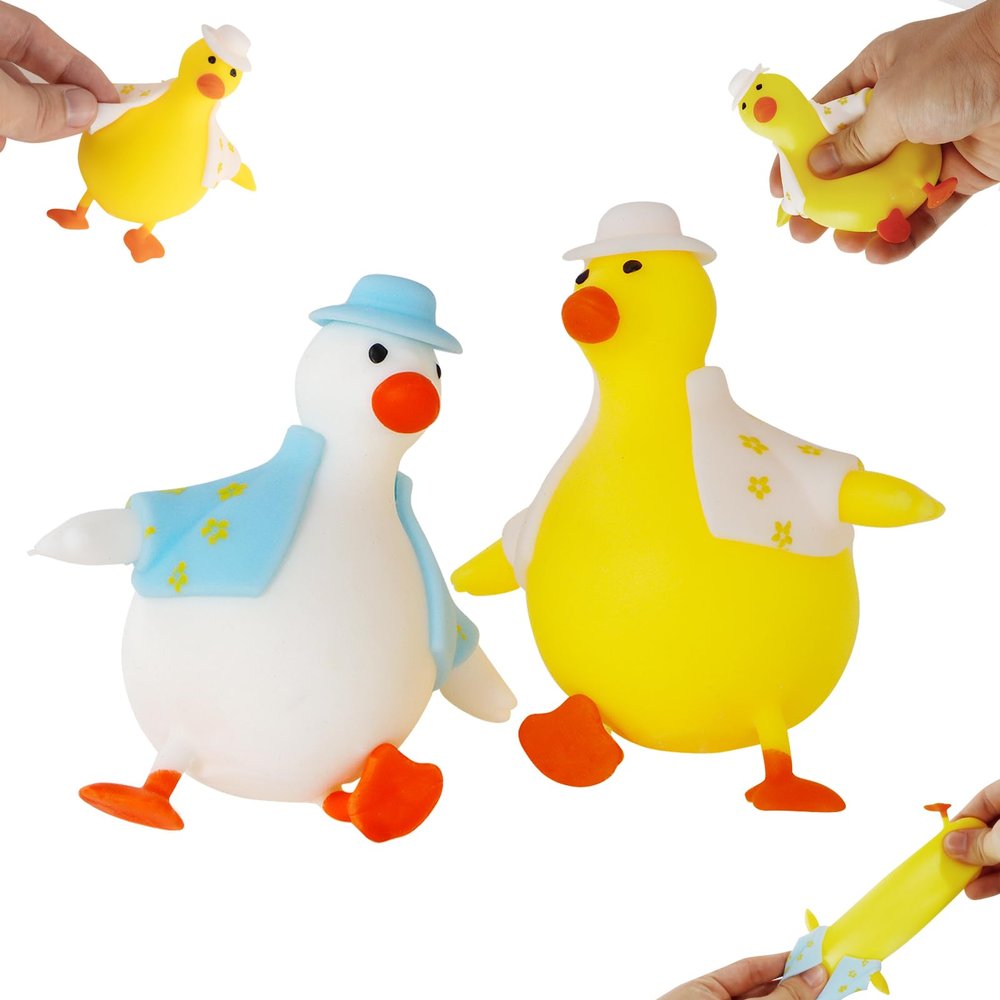 2PCS Duck Taba Squishy Toys - Cute Silicone Stress Relief Duck Figurine, Reversible Outfit Changeable Plush Toy, Gift Box Packaging, for Adults (Yellow/Pink)