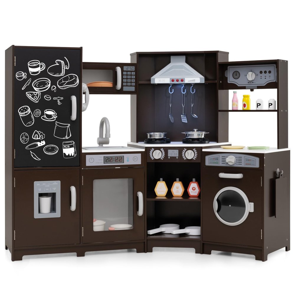 HONEY JOY Corner Play Kitchen, Large Wooden Pretend Toy Kitchen Set w/Lights, Ice & Coffee Maker, Range Hood, Chalkboard, Microwave, Cookware, Little Chef Kids Kitchen Playset for Toddlers (Espresso)