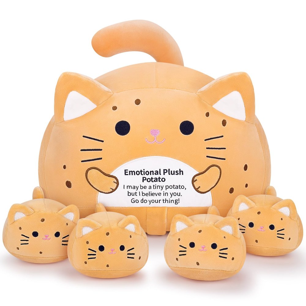 5 PCS Emotional Plush Potato Cat Stuffed Animal Family-19" Large Potato Cat Plush, Mommy Plushies with 4 Baby Kittens Plushies, Kawaii Pillow Christmas Birthday Gifts for Kids Boys Girls